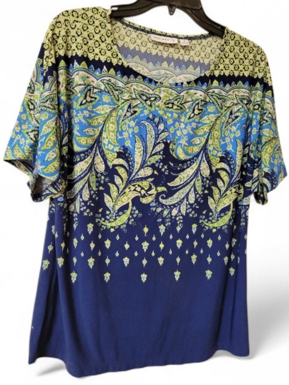 Susan Graver Top Sz S Liquid Knit Green & Blue Leaf Floral Print Small Nwot